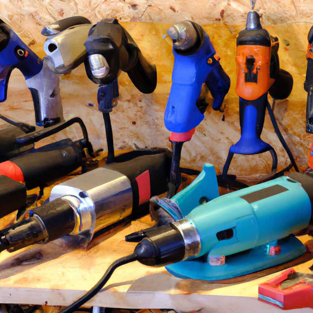 An image of various power tools arranged neatly on a workbench.