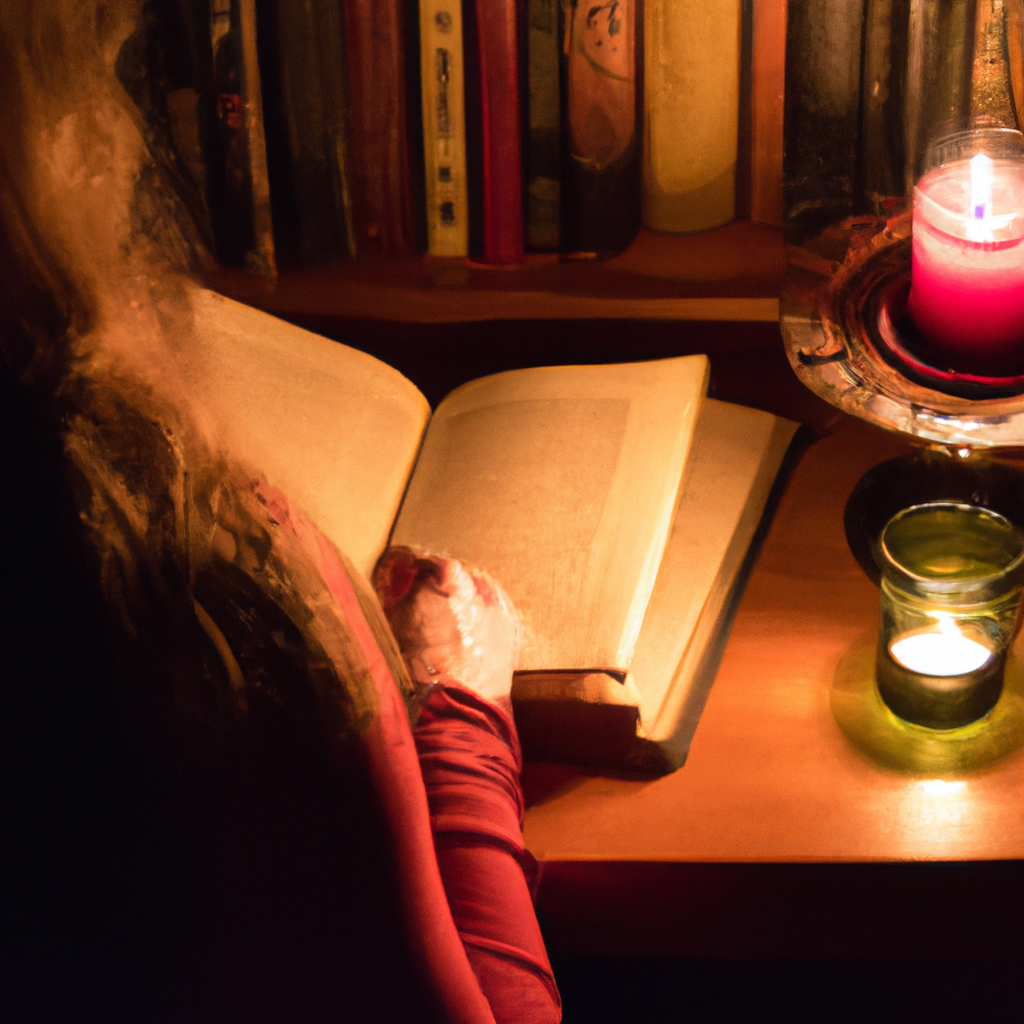 An image of a woman reading a historical romance novel by candlelight in a cozy library.