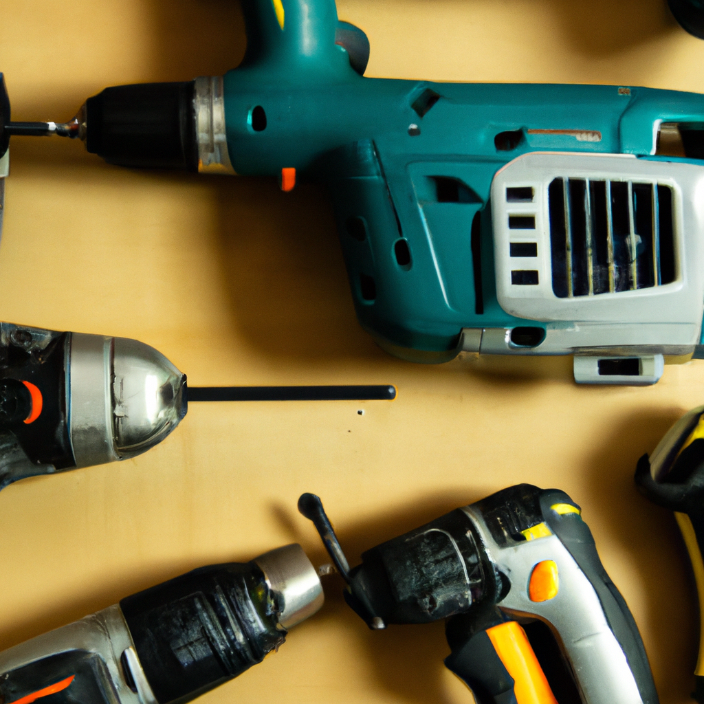 A visual representation of various power tools arranged on a workbench.
