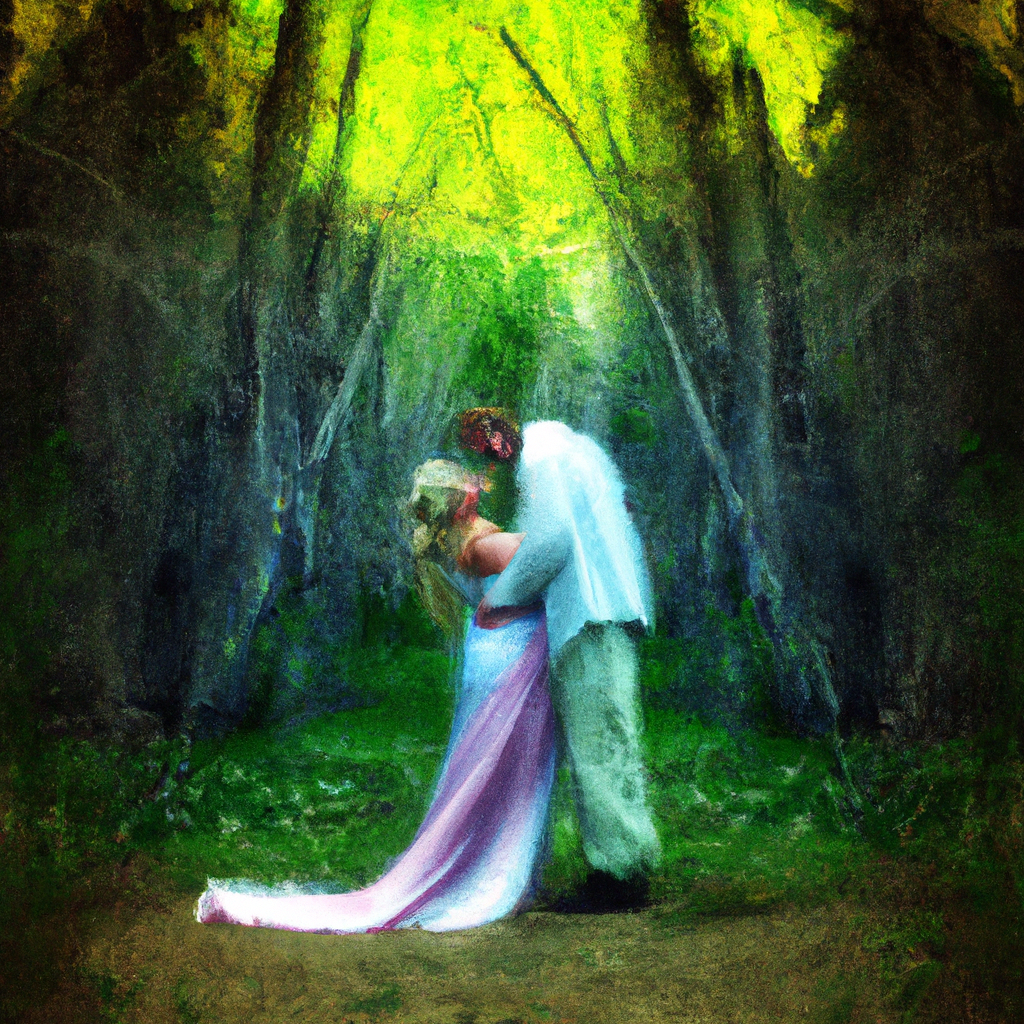 A fantasy-inspired image with a couple embracing in a magical forest.