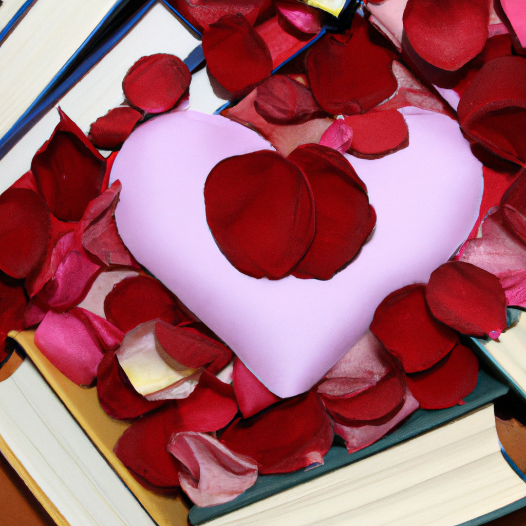 An image of a heart surrounded by books and rose petals.