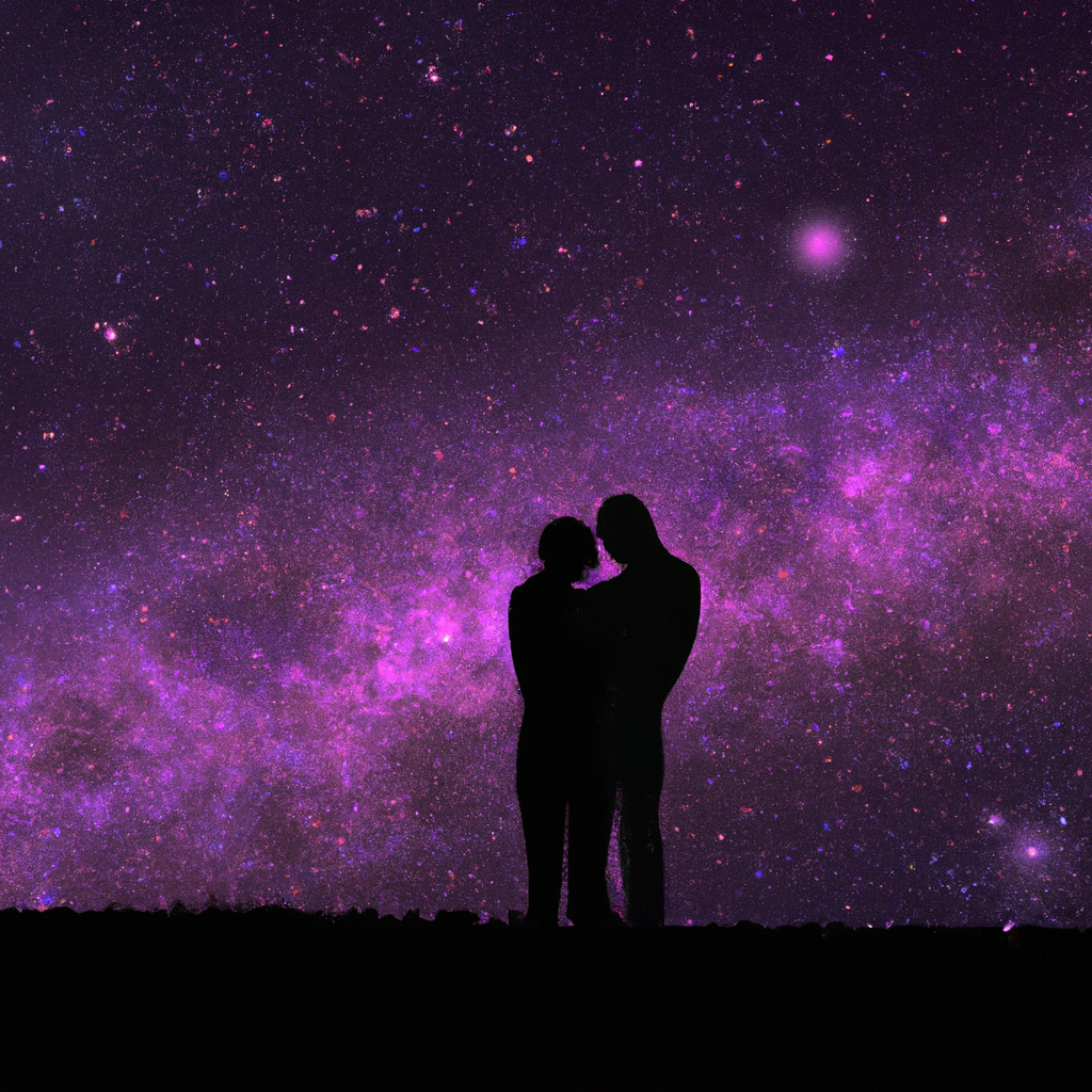 A romantic scene with a couple embracing under a starry sky.