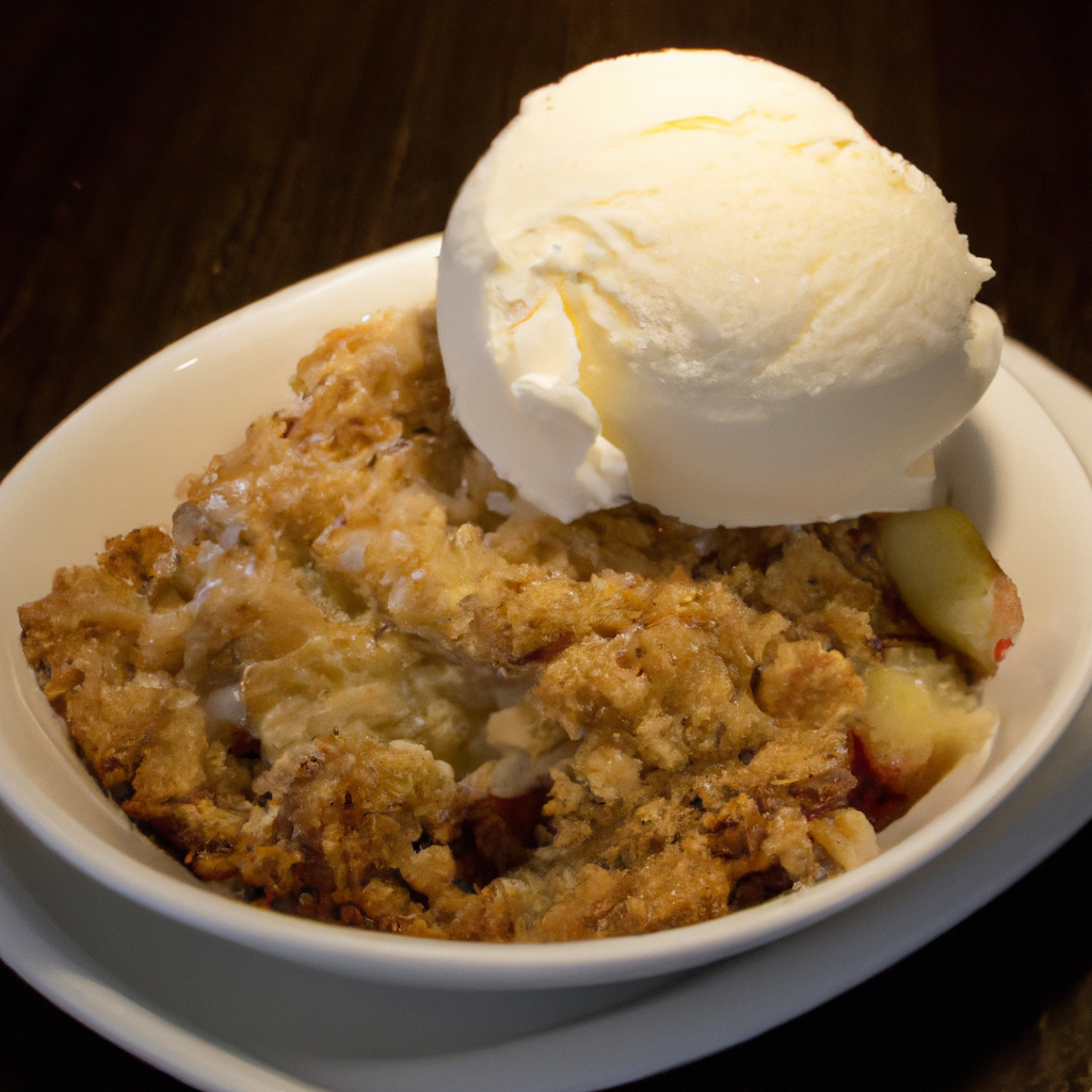 A mouthwatering image of a freshly baked apple crumble with a scoop of vanilla ice cream on top.