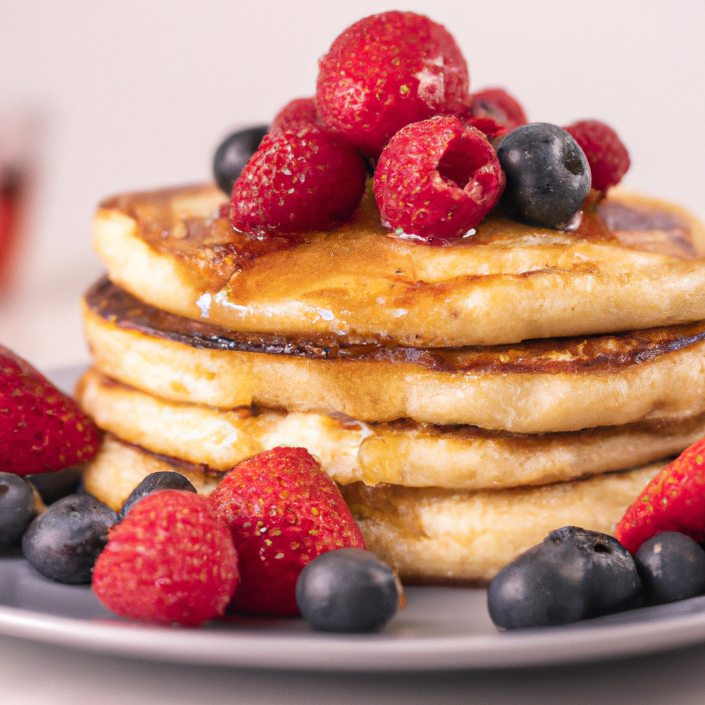 A delicious stack of Swedish pancakes topped with fresh berries and maple syrup.