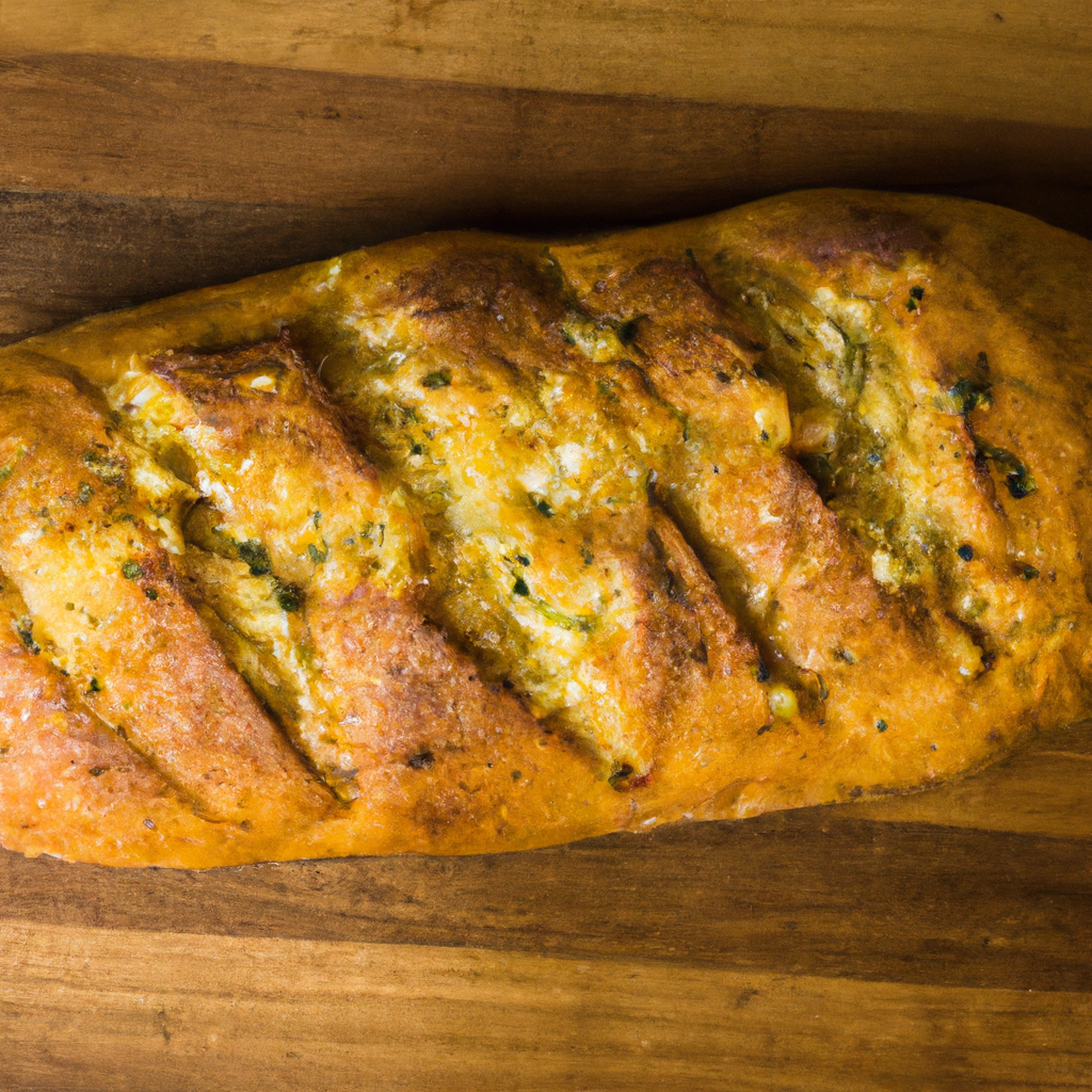 A mouthwatering image of a loaf of cheesy garlic bread on a rustic wooden cutting board.