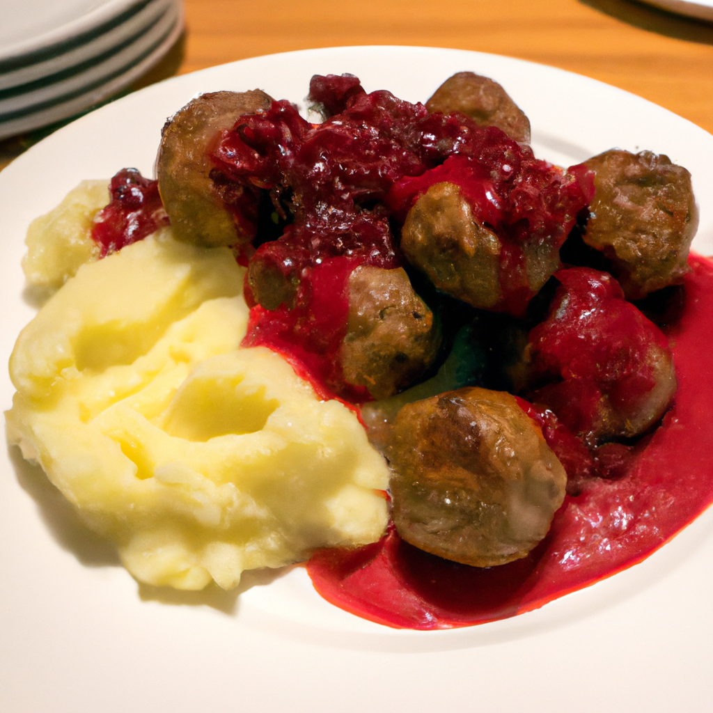 A mouthwatering image of Classic Swedish Meatballs topped with lingonberry sauce and served with mashed potatoes.