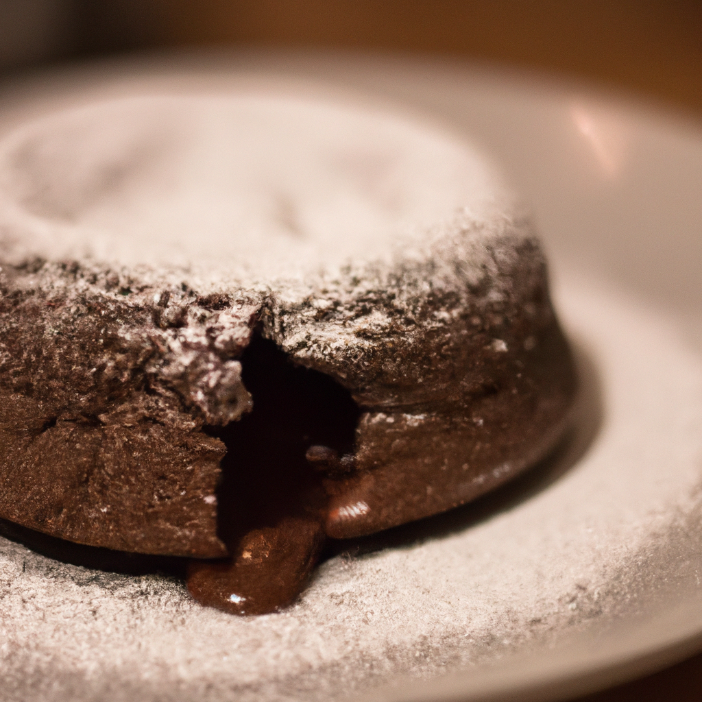 A photo of a perfect chocolate lava cake with a molten center and a dusting of powdered sugar.
