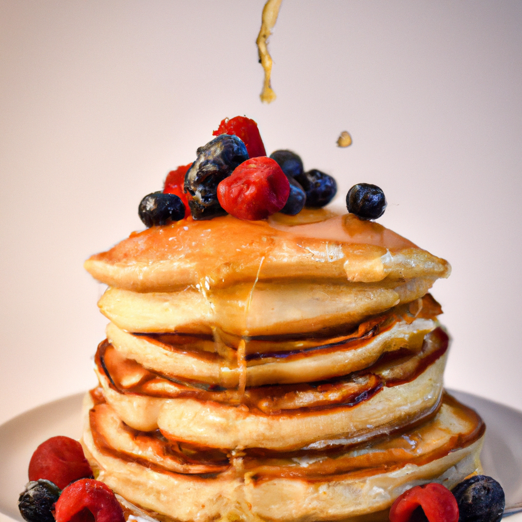 An image of a stack of fluffy pancakes topped with fresh berries and a drizzle of maple syrup.