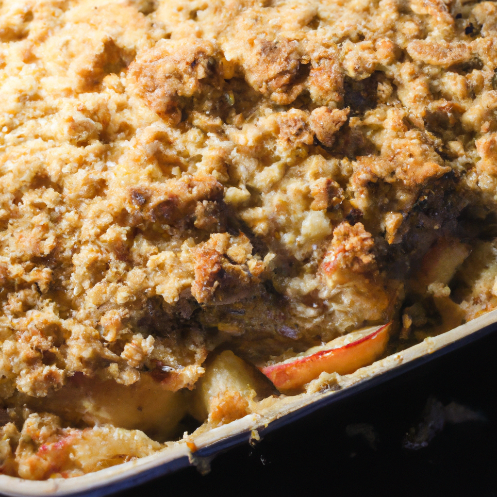 A mouth-watering image of a freshly baked apple crumble with a golden crispy topping.