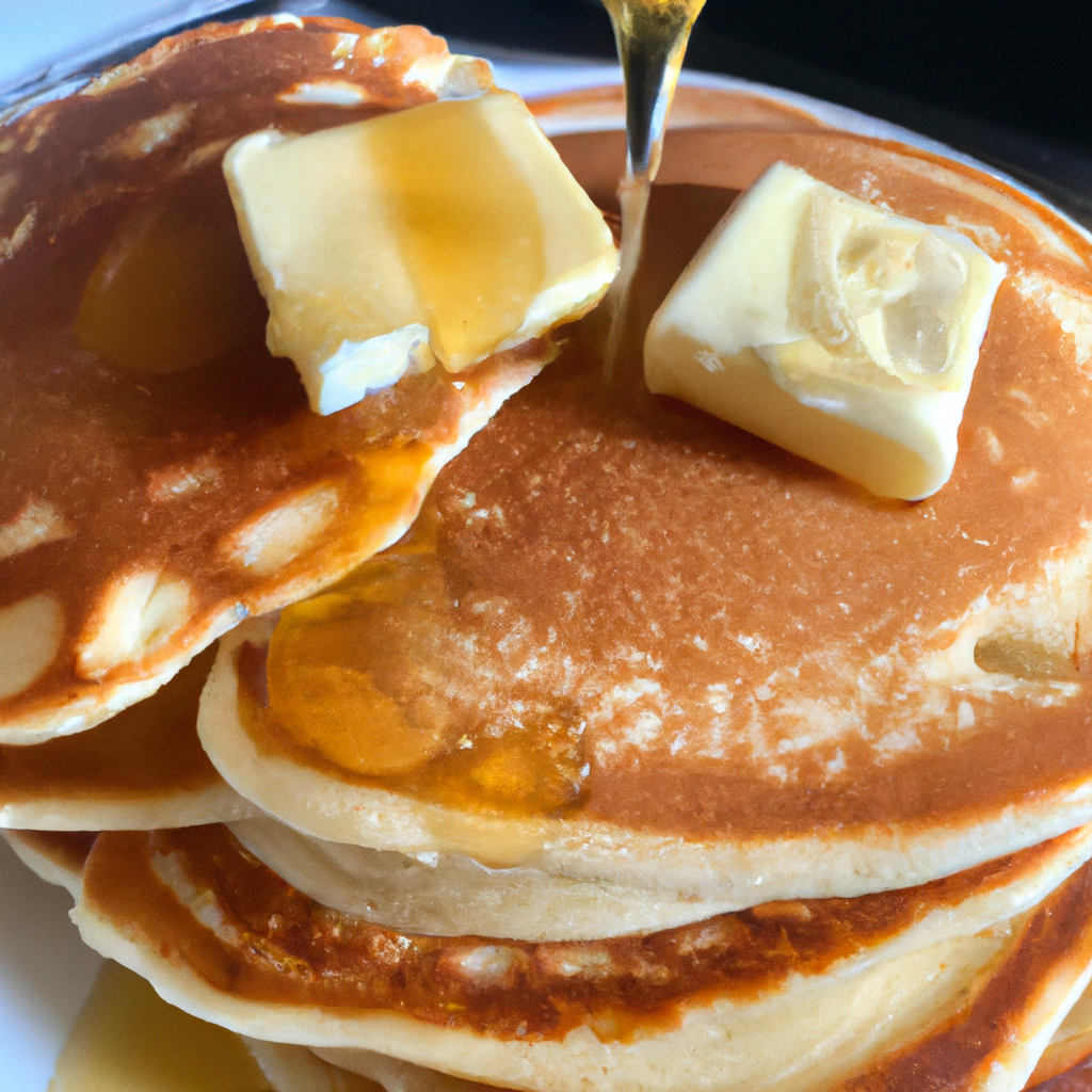 A mouthwatering image of delicious homemade pancakes topped with melted butter and maple syrup.