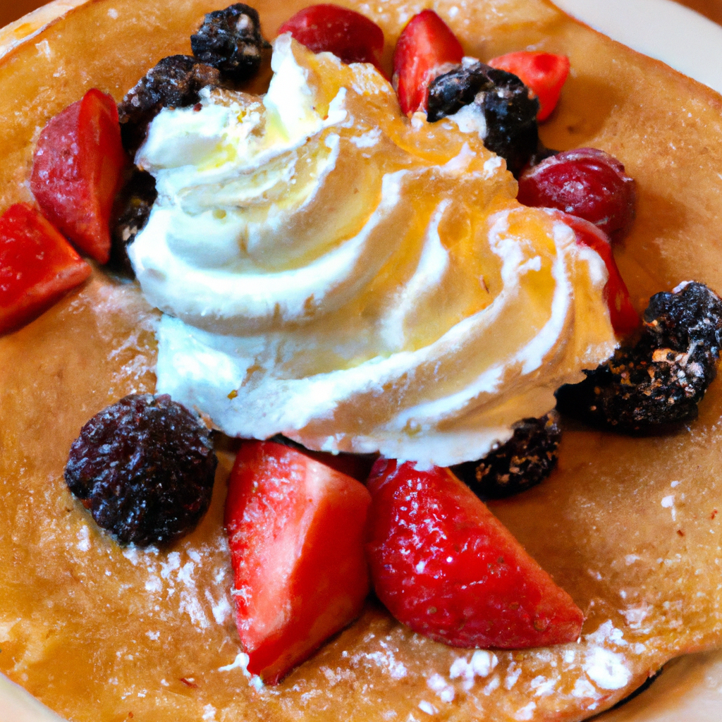 A mouthwatering image of delicious Swedish pancakes garnished with fresh berries and a dollop of whipped cream.