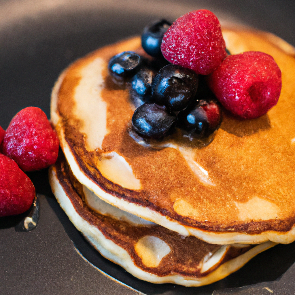 A mouthwatering image of delicious homemade pancakes topped with syrup and fresh berries, served on a plate.