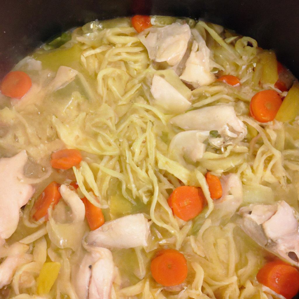 A mouthwatering image of a pot of homemade chicken noodle soup with tender chunks of chicken, colorful vegetables, and perfectly cooked egg noodles.