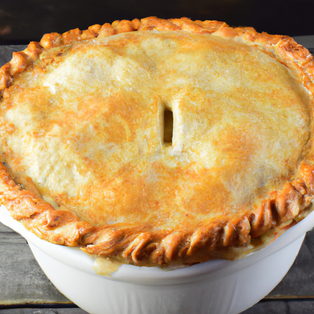 An image of a delicious chicken pot pie with a golden crust and creamy filling.