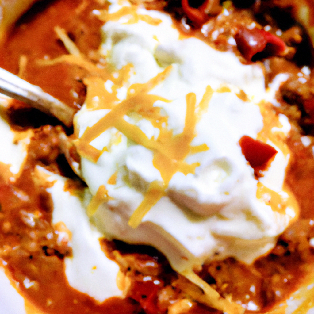 A mouthwatering image of a bowl of chili topped with cheese and sour cream.