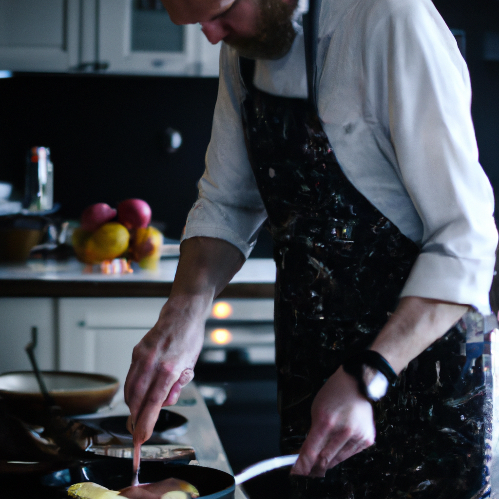 An image featuring Chef Sven making Swedish pancakes in a cozy Scandinavian kitchen.