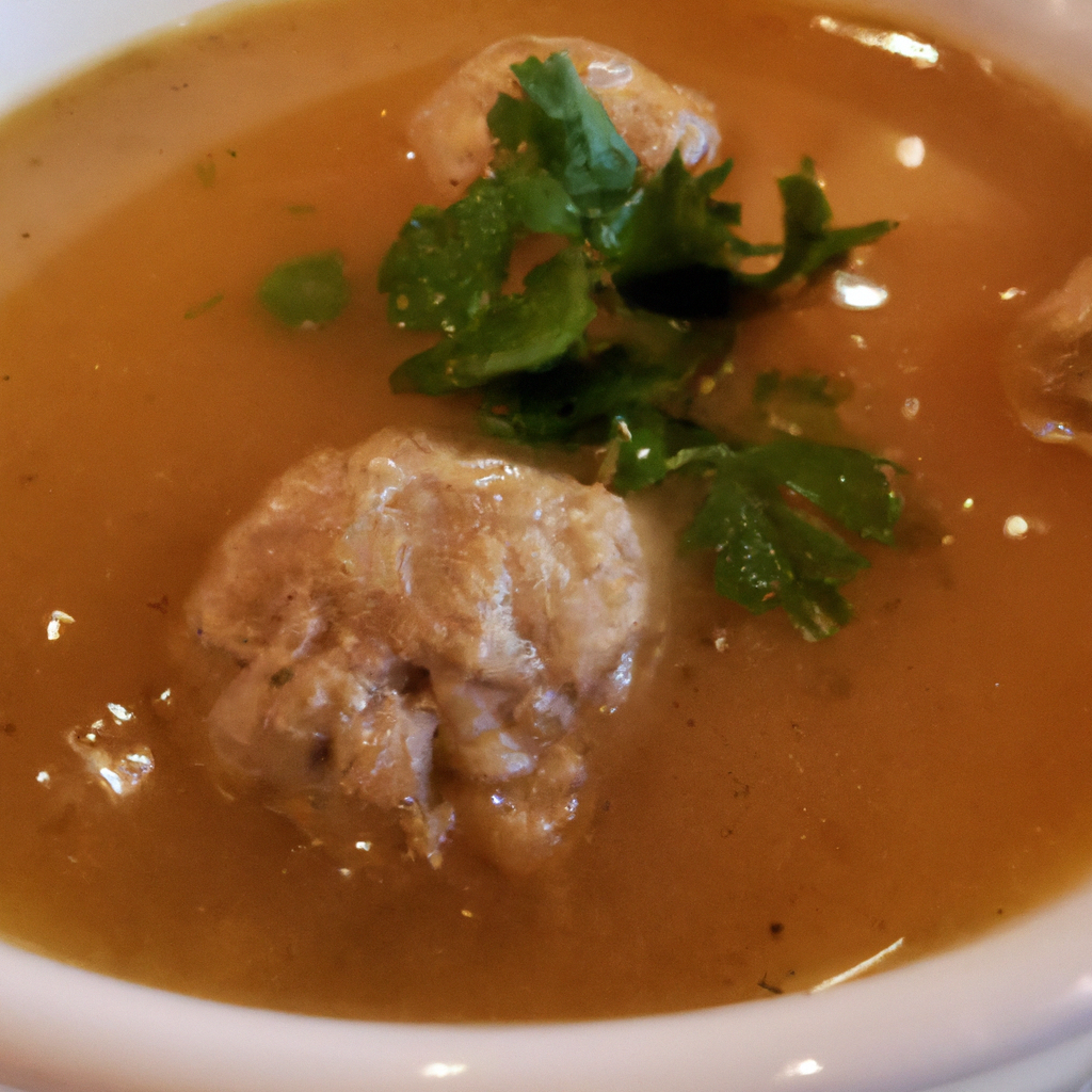A mouthwatering image of a bowl of Chef Sven's Famous Meatball Soup, garnished with fresh parsley. The soup is steaming hot and inviting, with perfectly seasoned meatballs floating in a rich and flavorful broth.