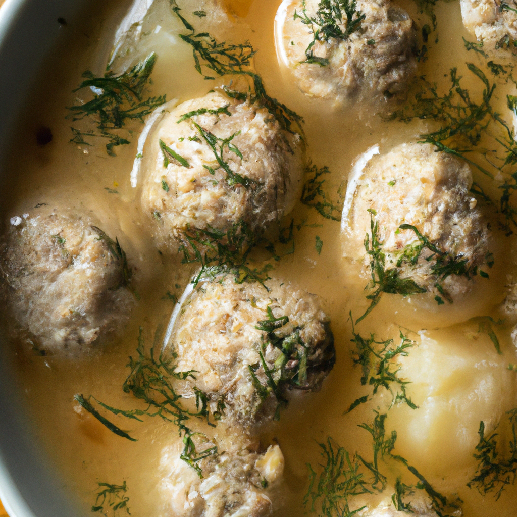 A photo of a warm bowl of Swedish Meatball Soup, topped with a sprinkle of fresh dill.