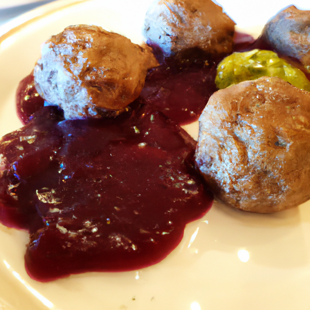 A beautiful image of a plate of Swedish meatballs with lingonberry jam.