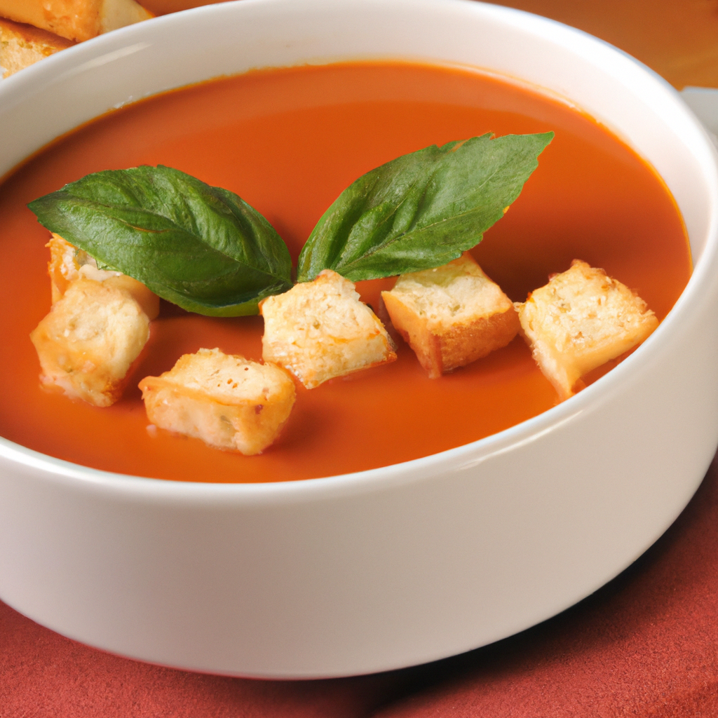 A warm bowl of tomato soup topped with croutons and fresh basil.