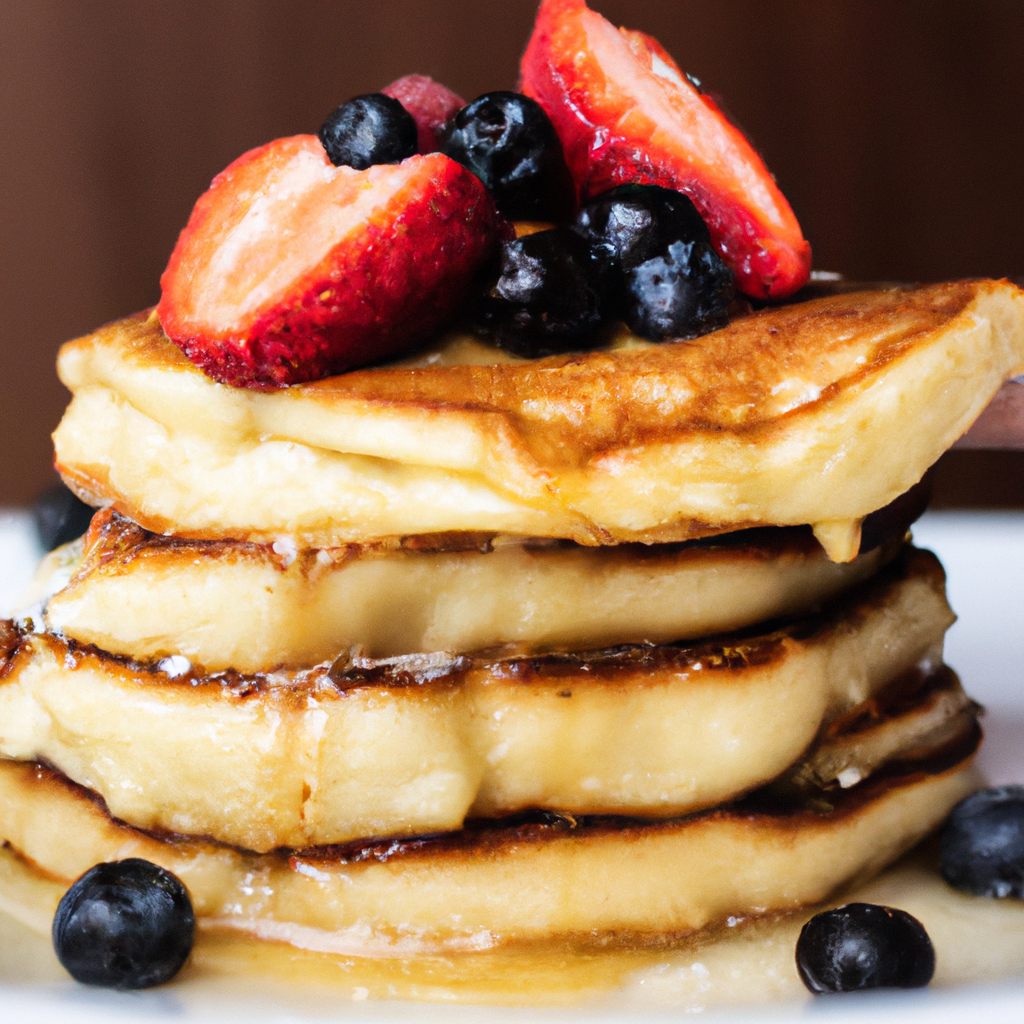A mouthwatering image of a stack of fluffy Swedish pancakes topped with fresh berries and a drizzle of maple syrup.