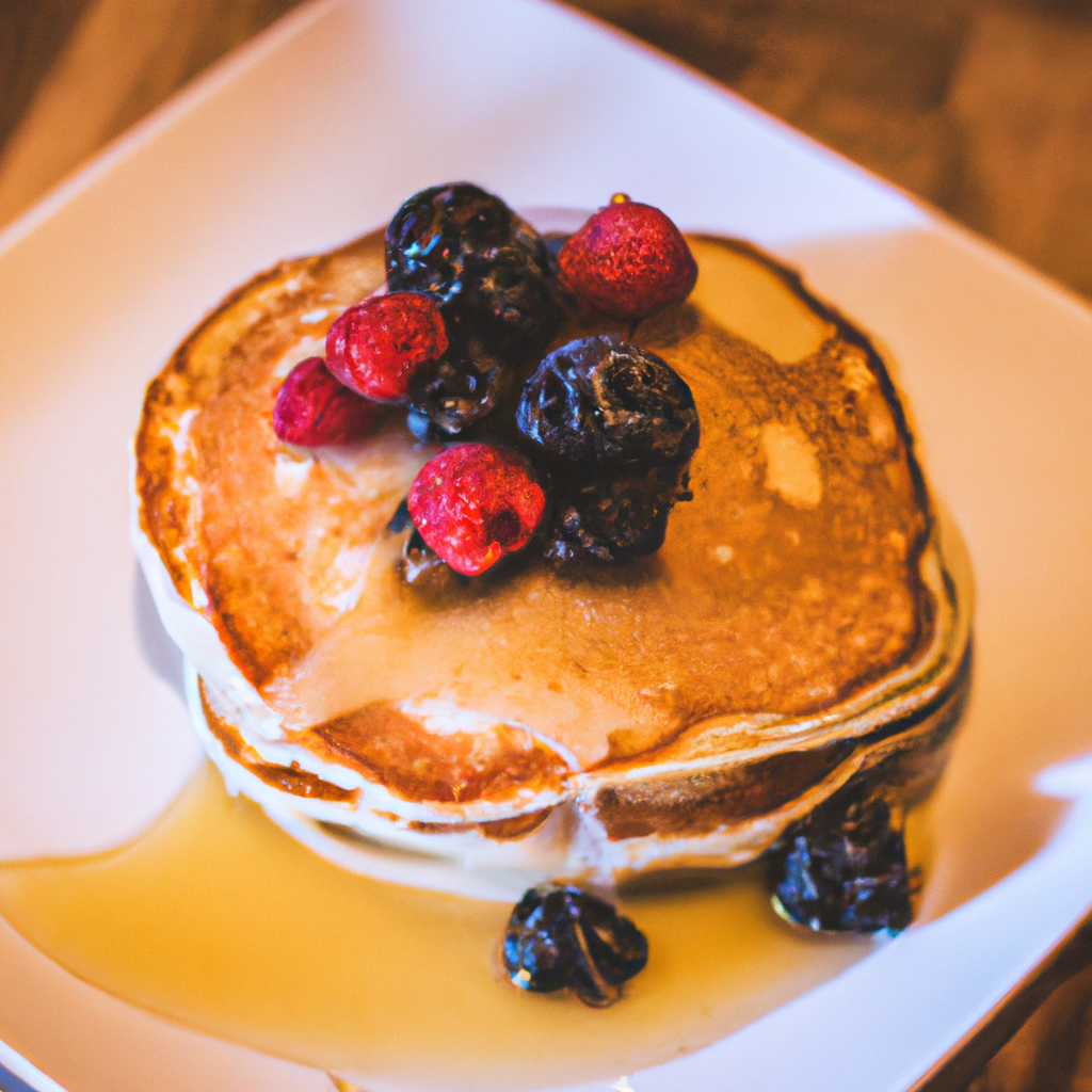 A mouth-watering image of fluffy pancakes topped with fresh berries and maple syrup.
