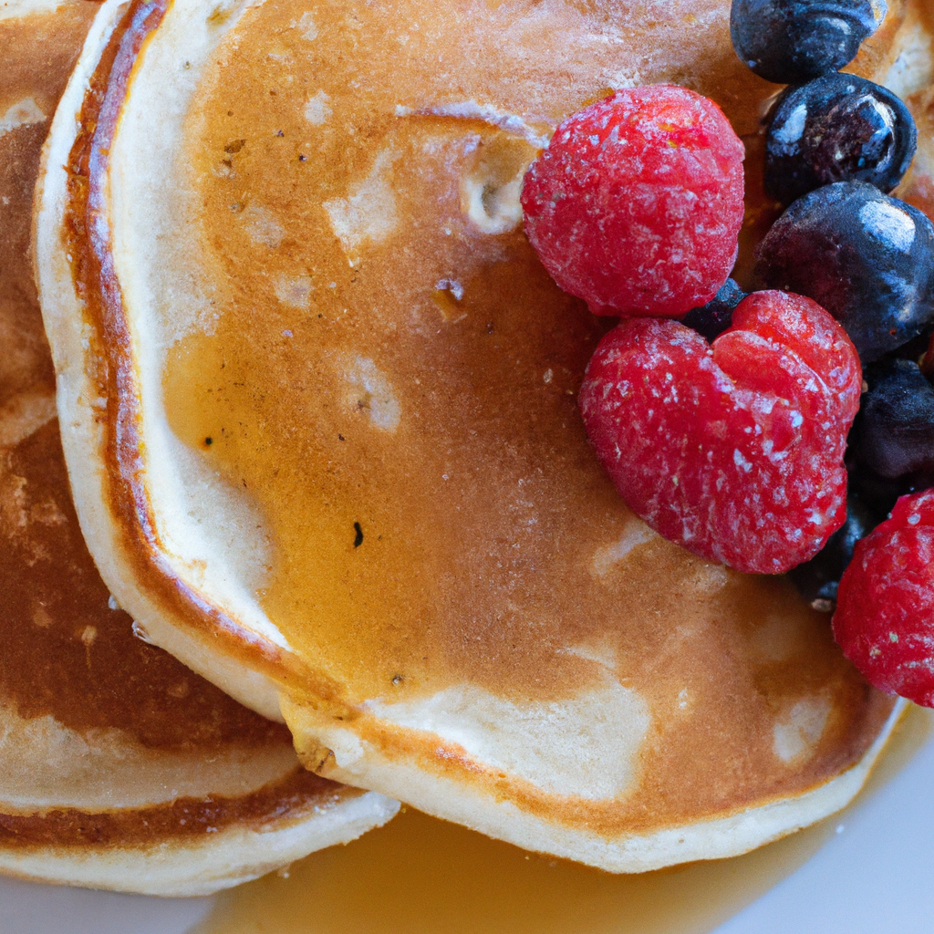 A mouthwatering image of fluffy pancakes topped with maple syrup and fresh berries.