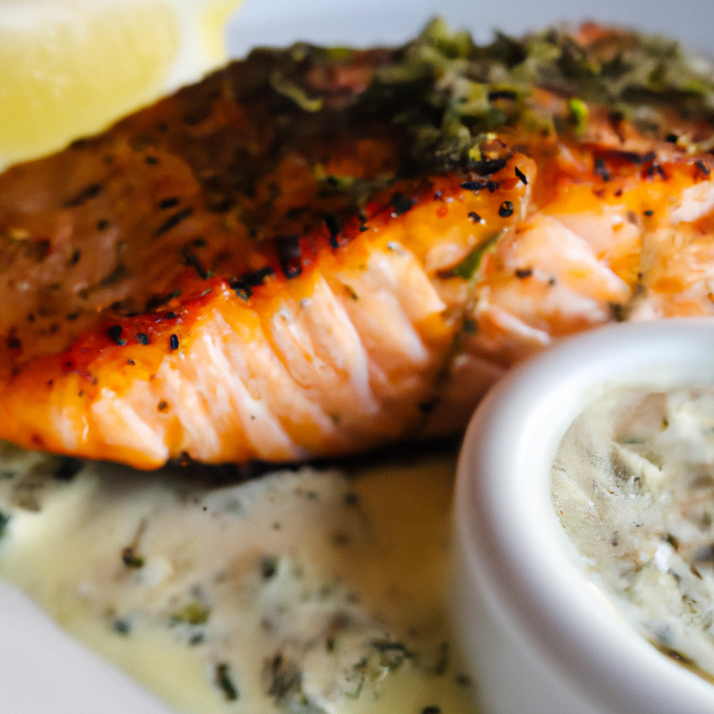 A mouthwatering image of grilled salmon with lemon dill sauce.