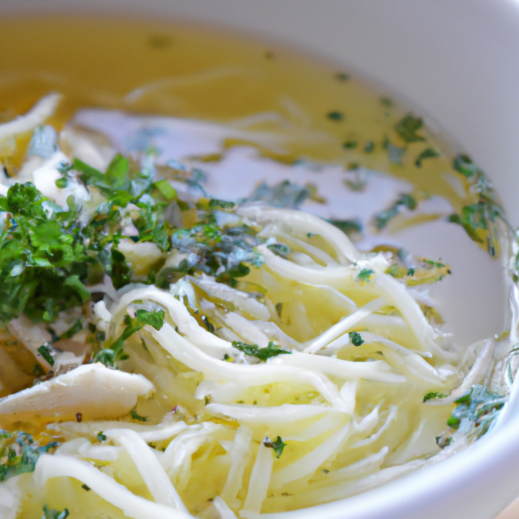 An image of a steaming bowl of chicken noodle soup with a sprinkle of fresh herbs on top.