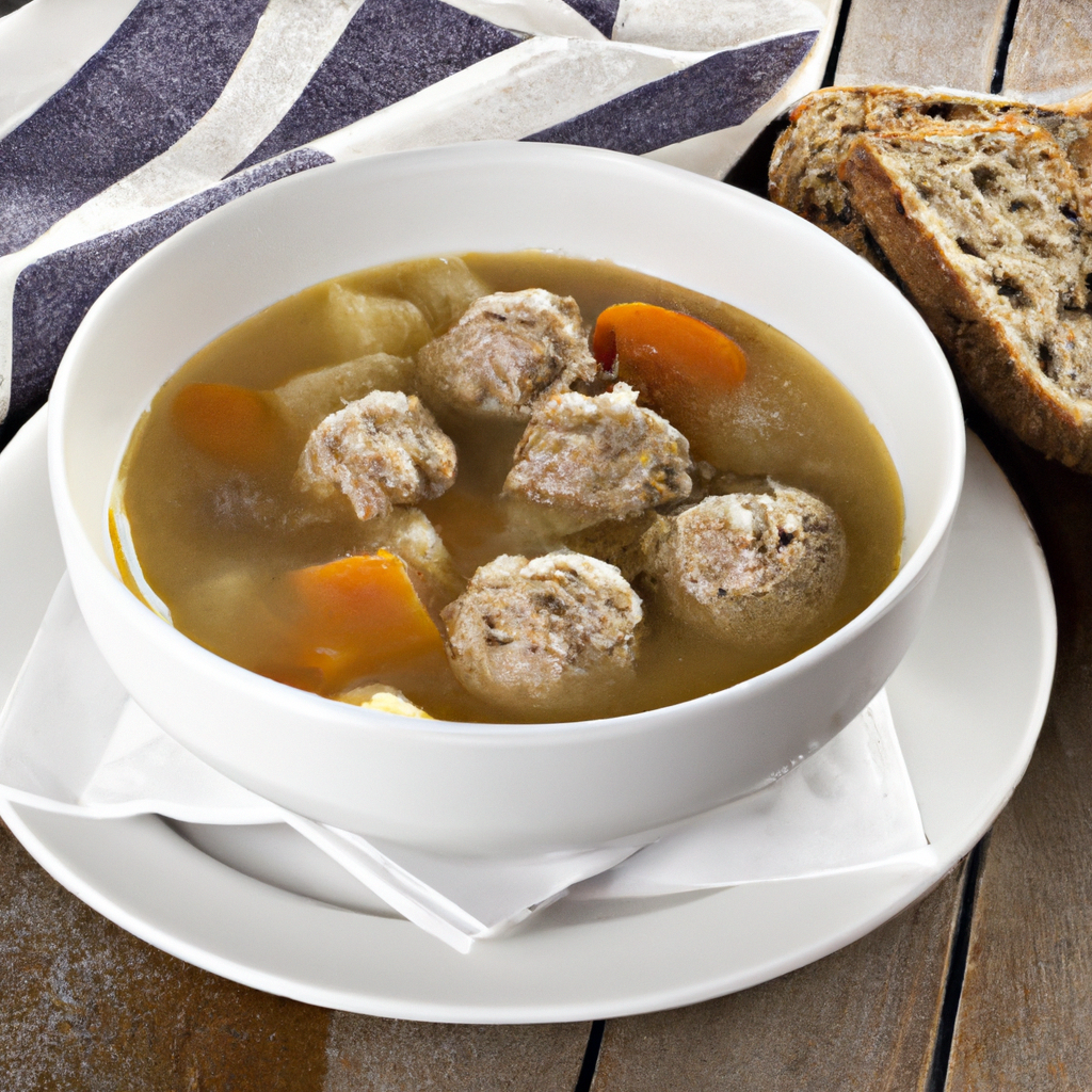 An image of a warm bowl of Swedish Meatball Soup with a side of crusty bread.