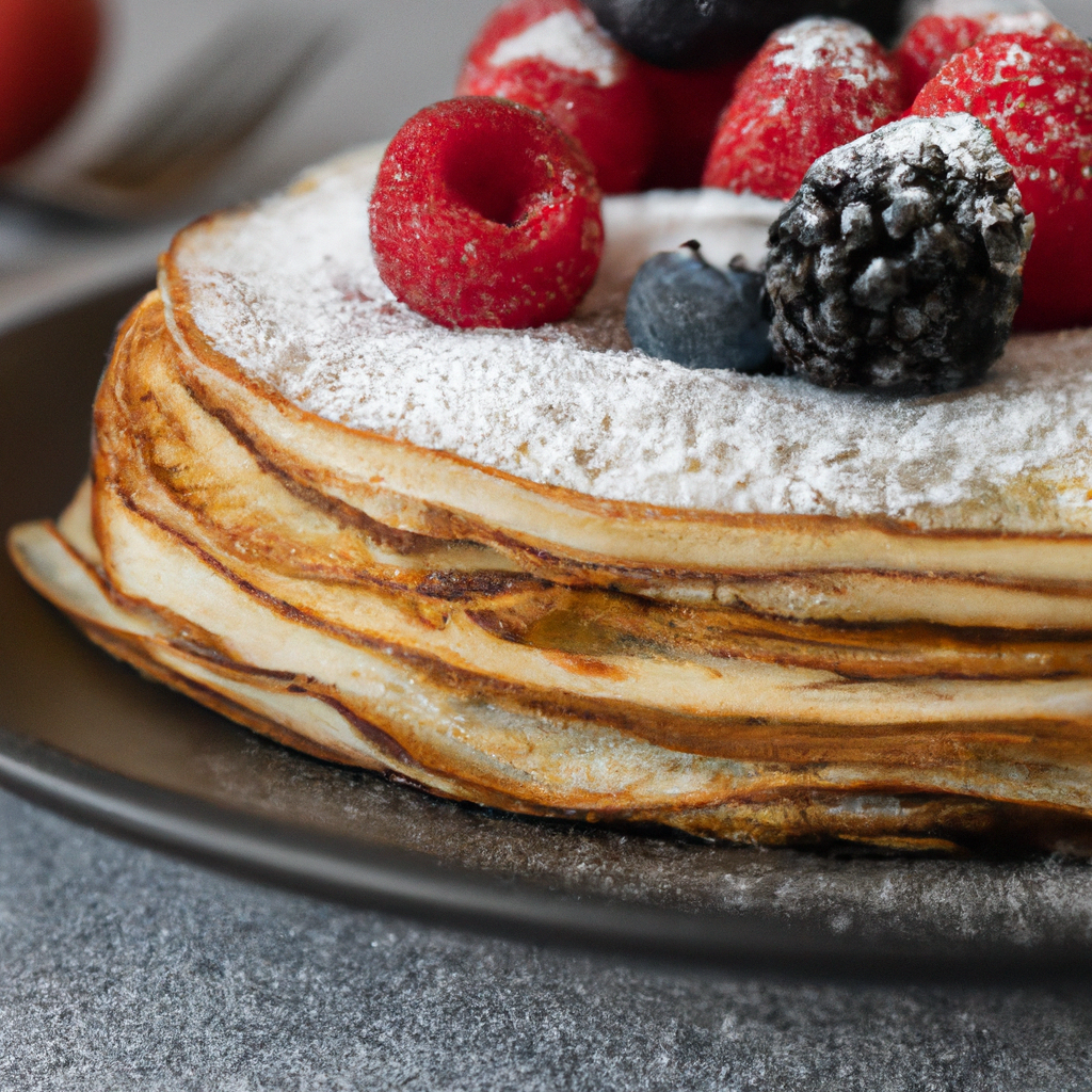 A stack of delicious homemade Swedish pancakes served with fresh berries and a dusting of powdered sugar.