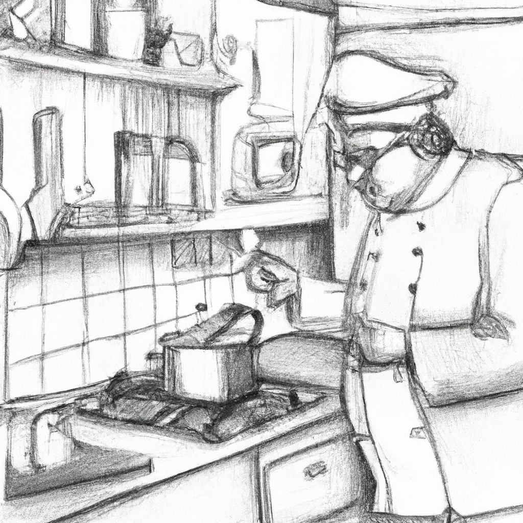 A drawing of a chef cooking in a kitchen.