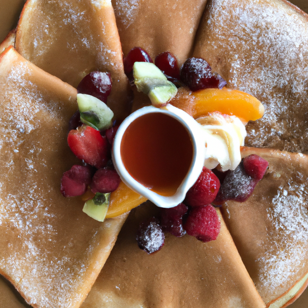 A mouthwatering image of delicious Swedish pancakes topped with fresh fruit and maple syrup.