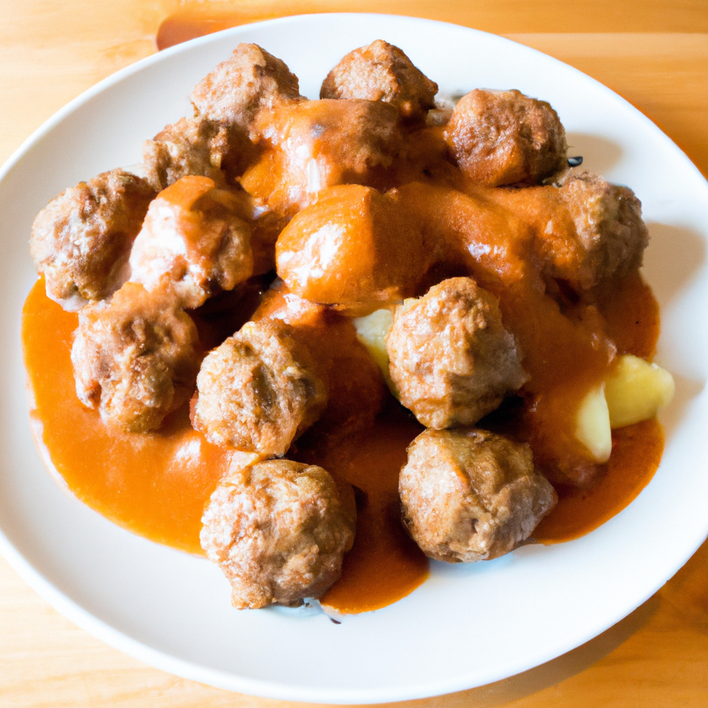 A delicious plate of Swedish meatballs on a wooden table.