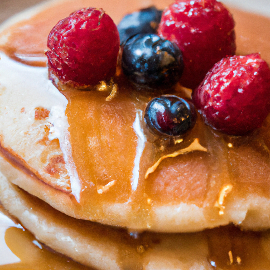 A stack of golden pancakes topped with syrup and fresh berries, sitting on a plate.