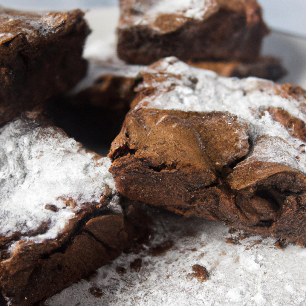 A delicious plate of homemade chocolate brownies with a dusting of powdered sugar on top.