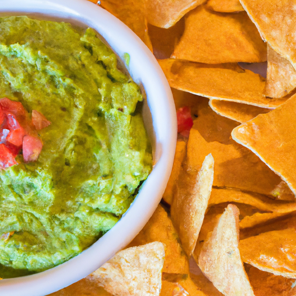 A colorful plate of guacamole with tortilla chips, ready to be enjoyed.