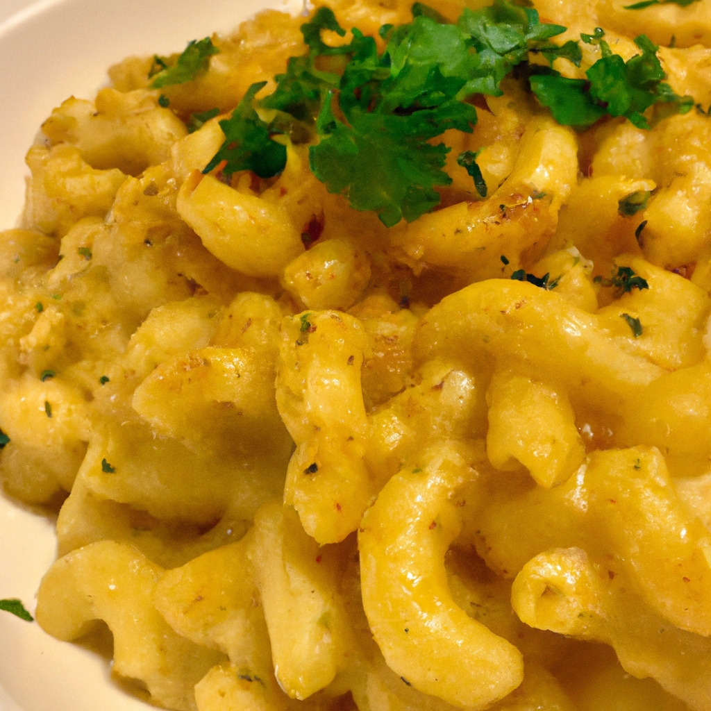 A delicious plate of homemade mac and cheese, served with a sprinkle of fresh parsley.