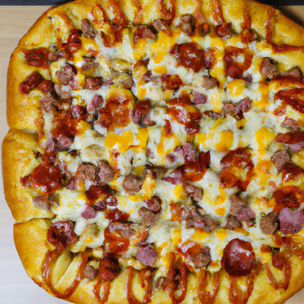 A delicious homemade pizza with a thin and crispy crust, topped with flavorful sauce, gooey cheese, and a variety of toppings.