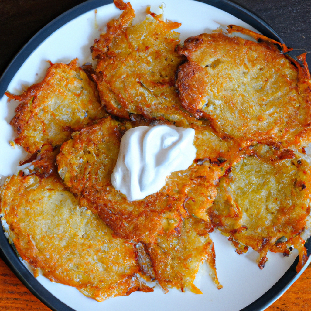 An image of a plate of golden-brown potato pancakes with crispy edges, served with a dollop of sour cream on top.