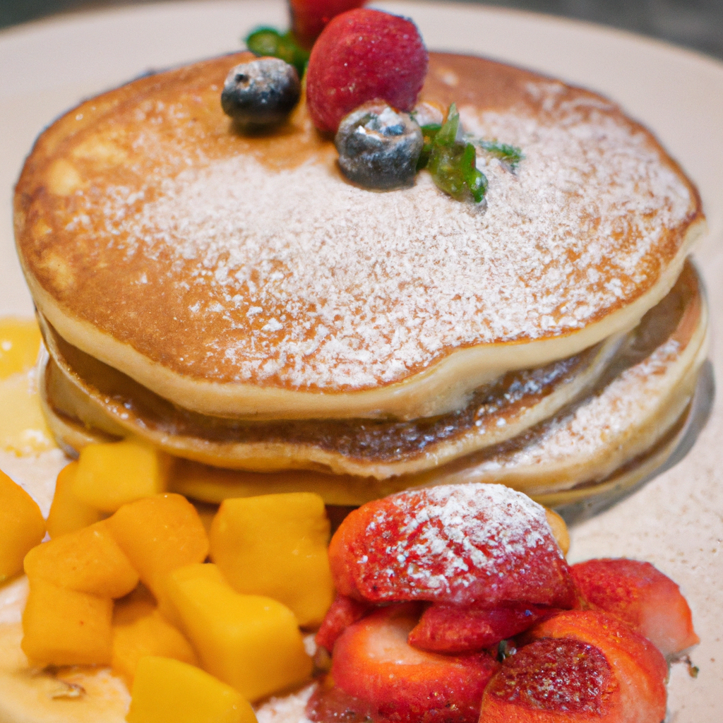 A mouthwatering stack of fluffy pancakes drizzled with syrup and topped with fresh fruit.