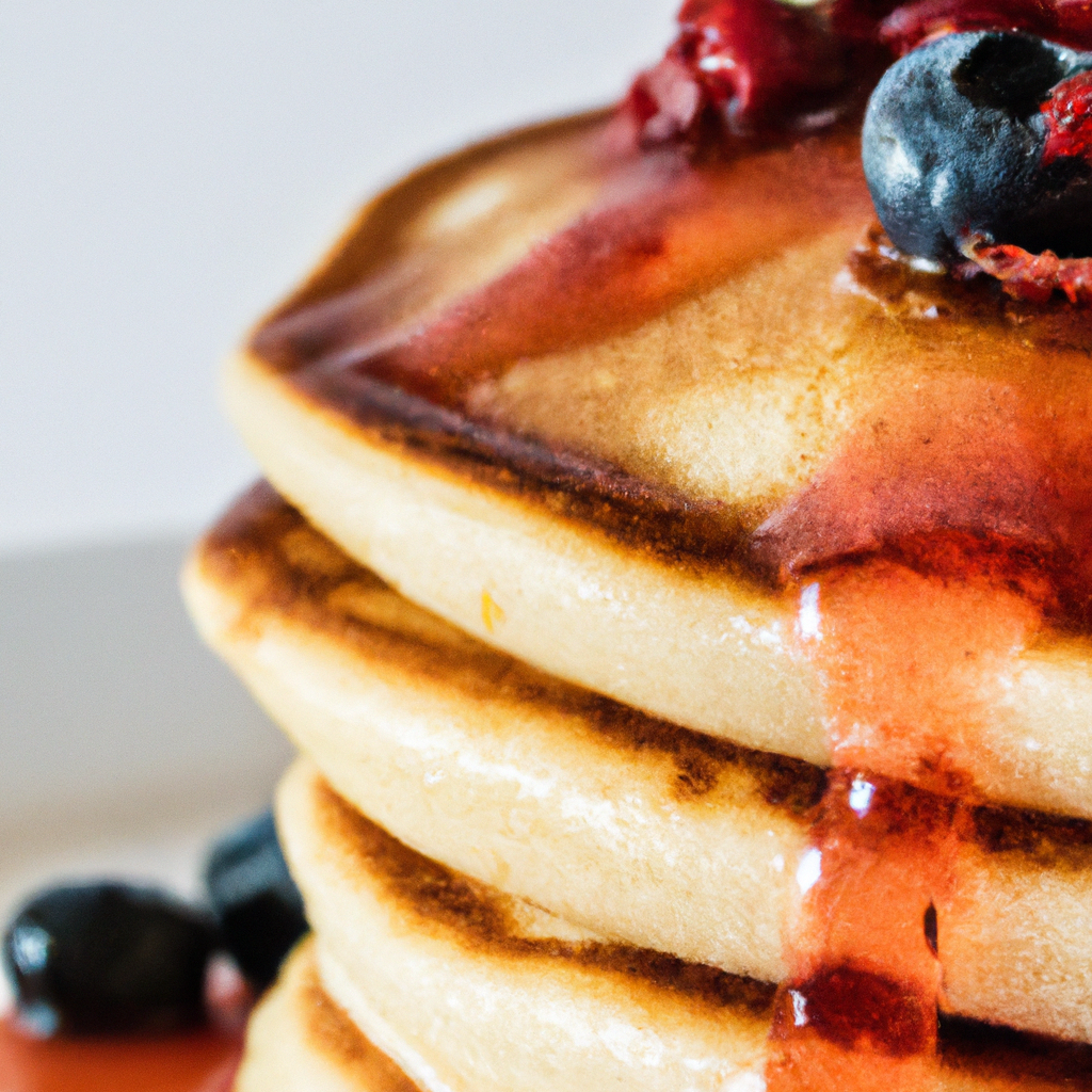 An image of a stack of fluffy pancakes with syrup and berries on top.
