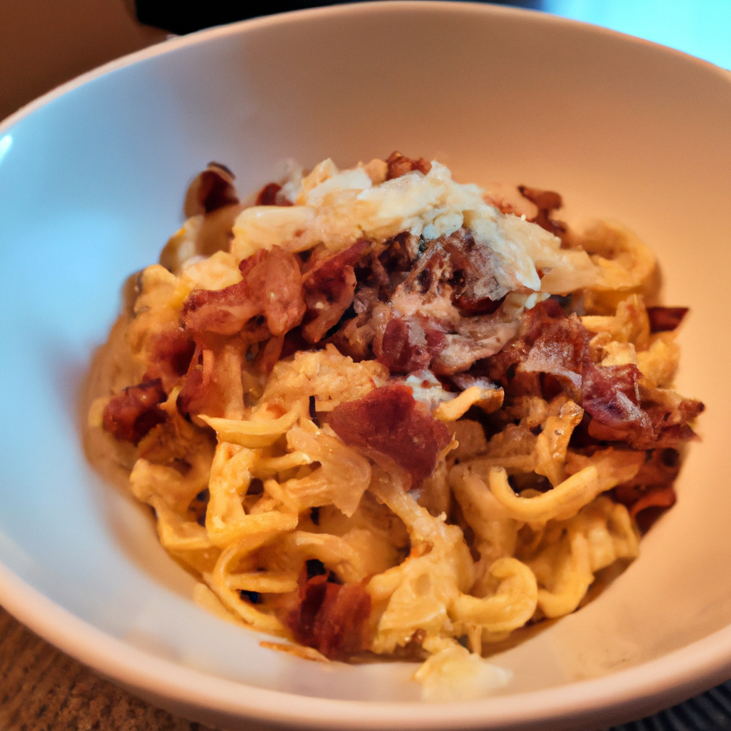 A mouthwatering photo of a plate of Pasta Carbonara topped with crispy bacon.