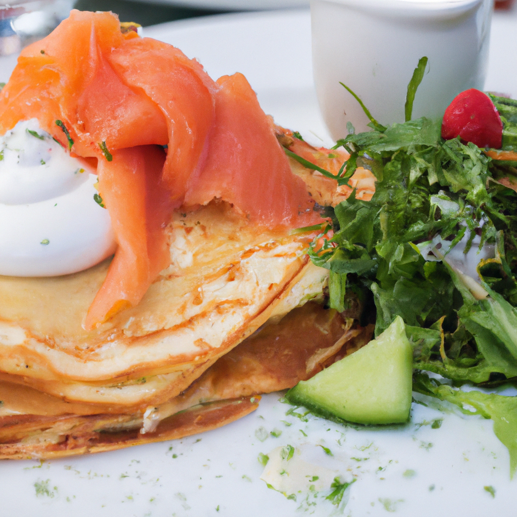 An image of a stack of savory Swedish pancakes topped with smoked salmon and sour cream, served with a side of fresh salad.