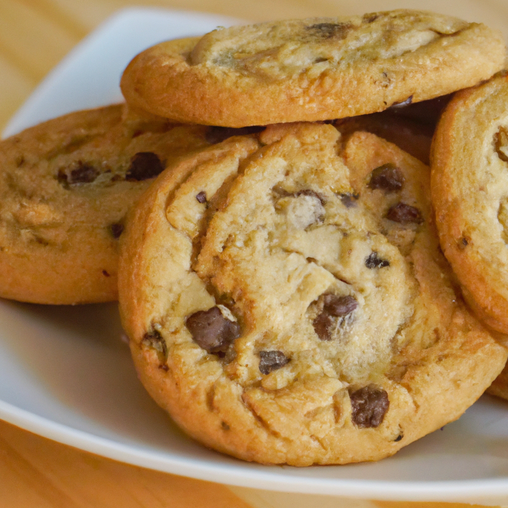 A mouthwatering plate of chocolate chip cookies on a wooden table.