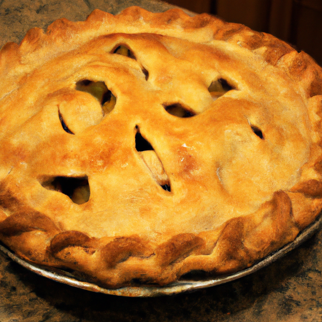 A mouthwatering image of a freshly baked apple pie with a golden, flaky crust.