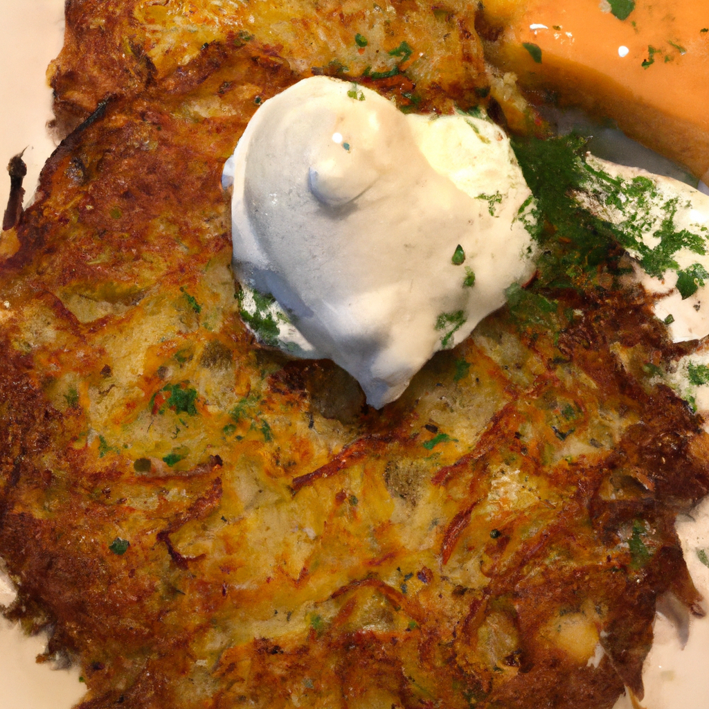 A mouthwatering image of Chef Sven's secret potato pancakes topped with sour cream.