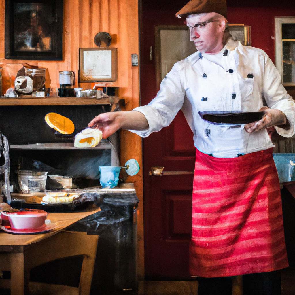 An image of Chef Sven flipping pancakes in a traditional Swedish kitchen.