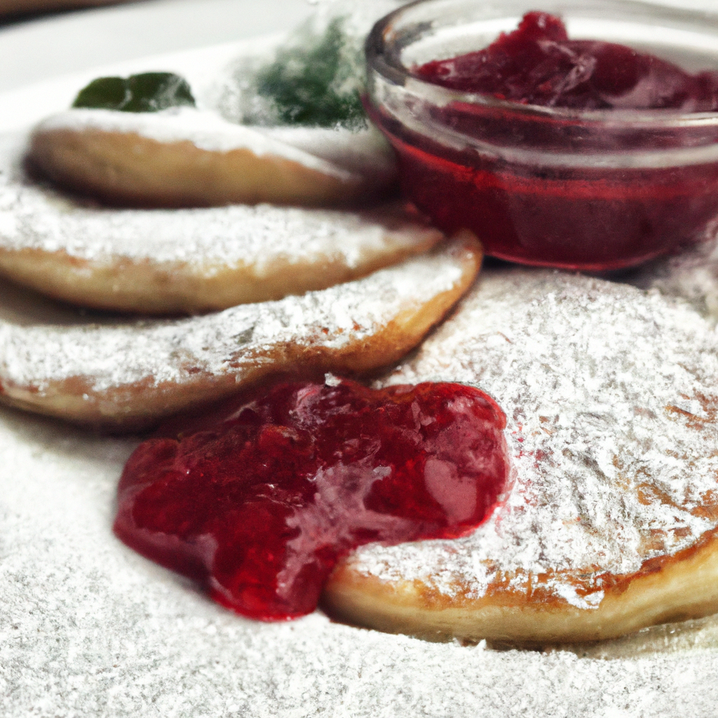 A mouthwatering image of Chef Sven's sensational Swedish pancakes served with lingonberry jam and a sprinkle of powdered sugar.