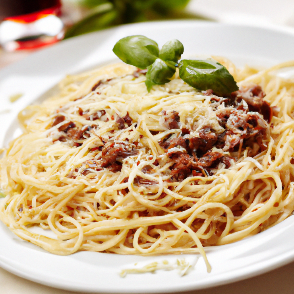 An appetizing image of a plate of spaghetti Bolognese, served with grated Parmesan cheese and fresh basil leaves.